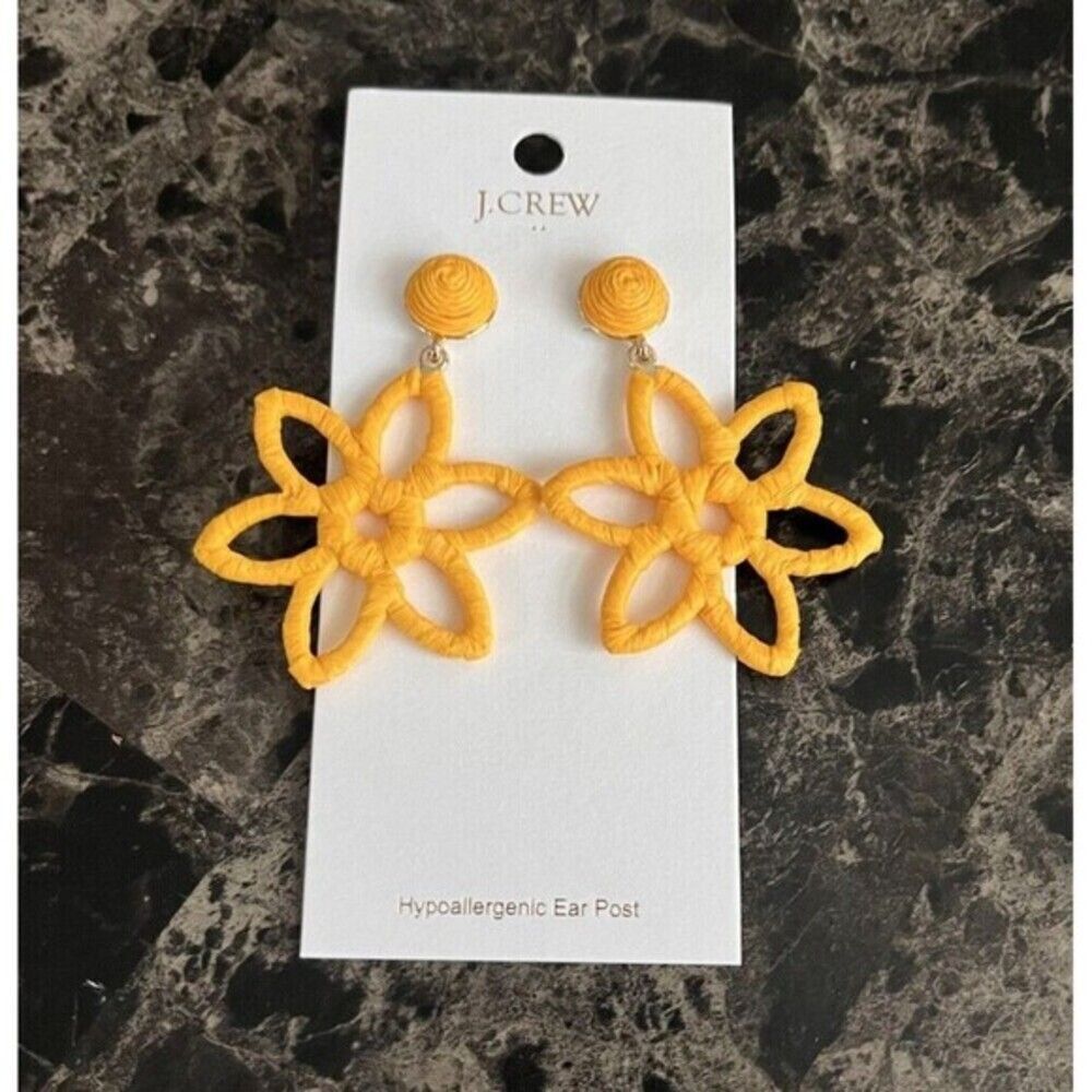 J Crew Wrapped‎ Yellow Flower Statement Earrings Drop Faux Raffia Party